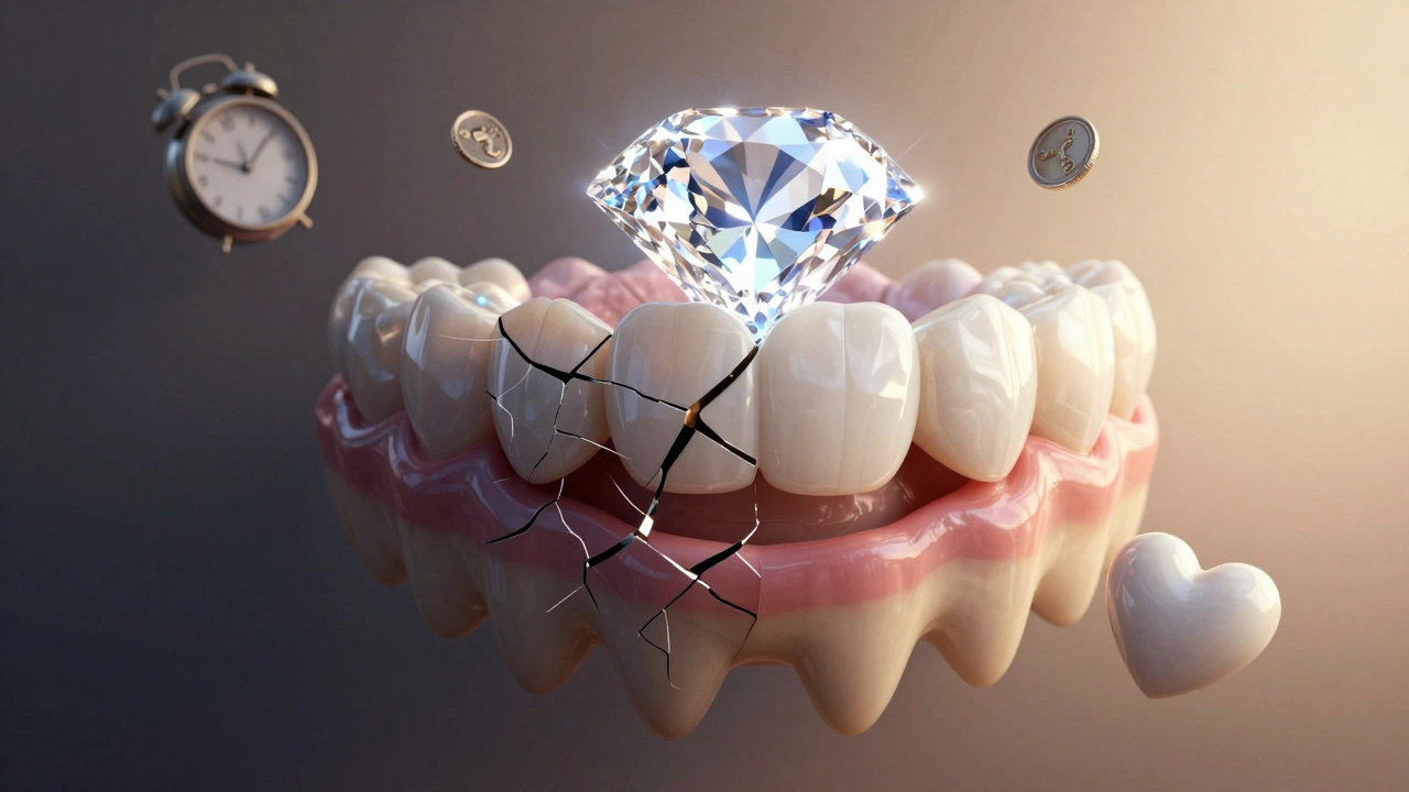 Srovnání rozbitého a opraveného zubu: z černého a poškozeného na jasný a zářivý, symbolizující návrat sebevědomí.