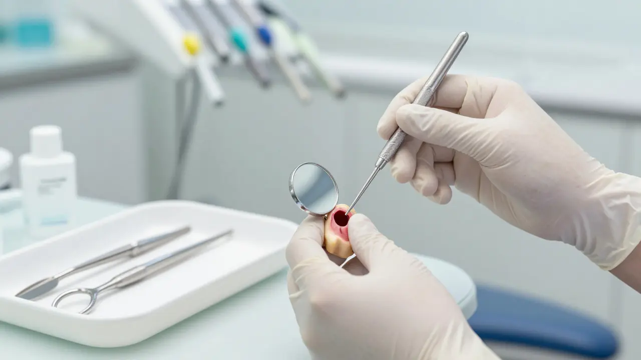 Stomatolog čistí po vytažení zubu díru antiseptikem, viditelná vyčištěná kost v dásni.