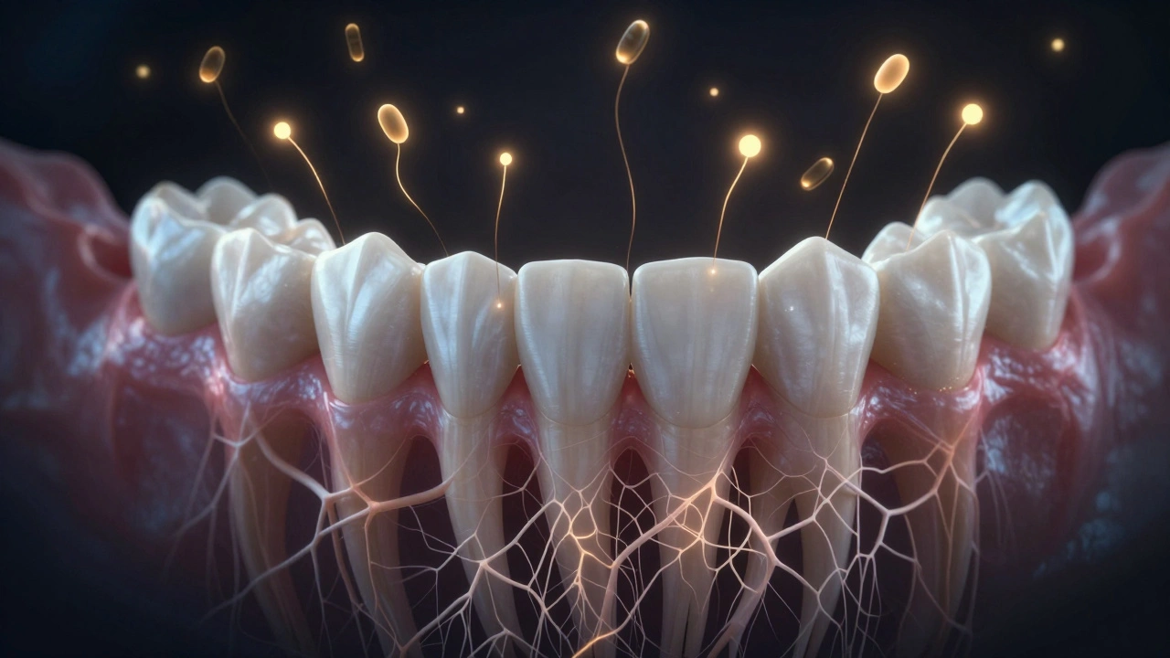 Teeth gradually realigning as biological signals regenerate bone and tissue around roots.
