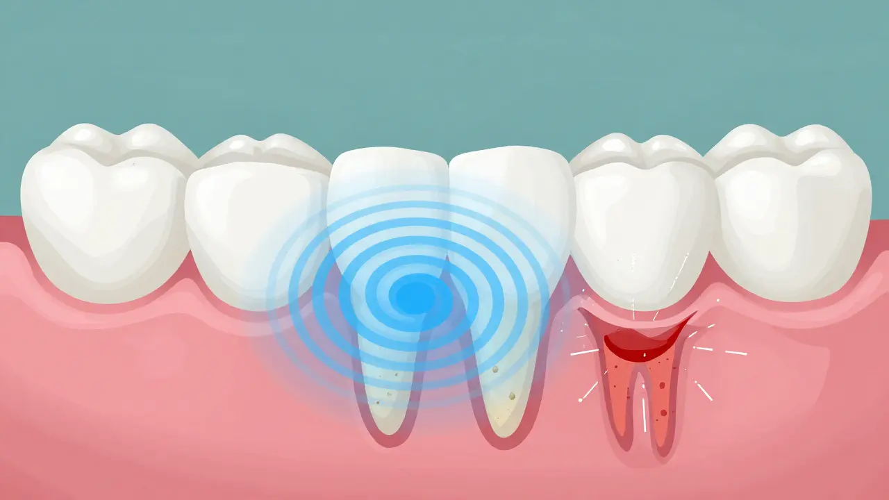 Ultrazvukové vlny odstraňují zubní kámen pod dásněmi v anatomickém výřezu.
