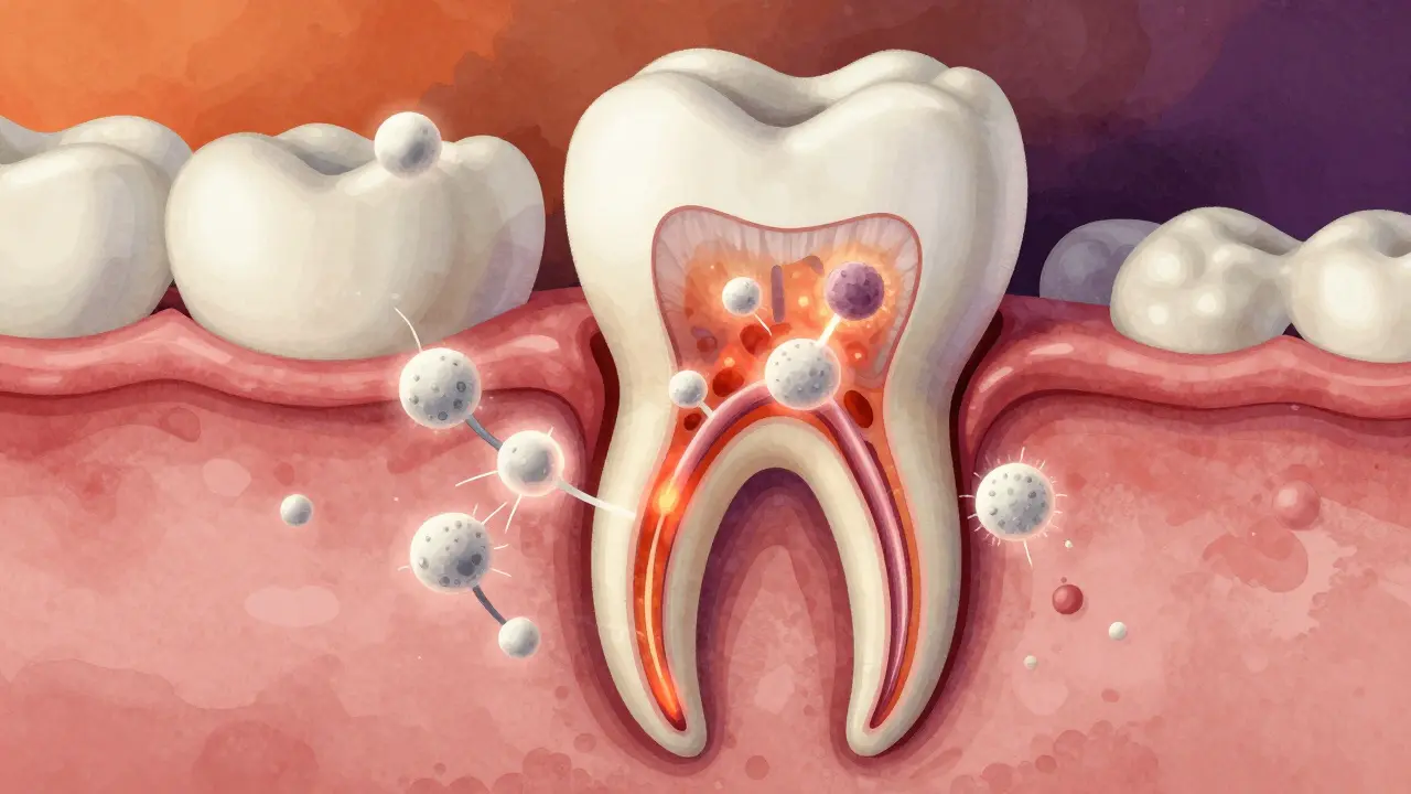 Vnitřní pohled na zub s bakteriemi šířícími se do čelisti a reakcí bílých krvinek.