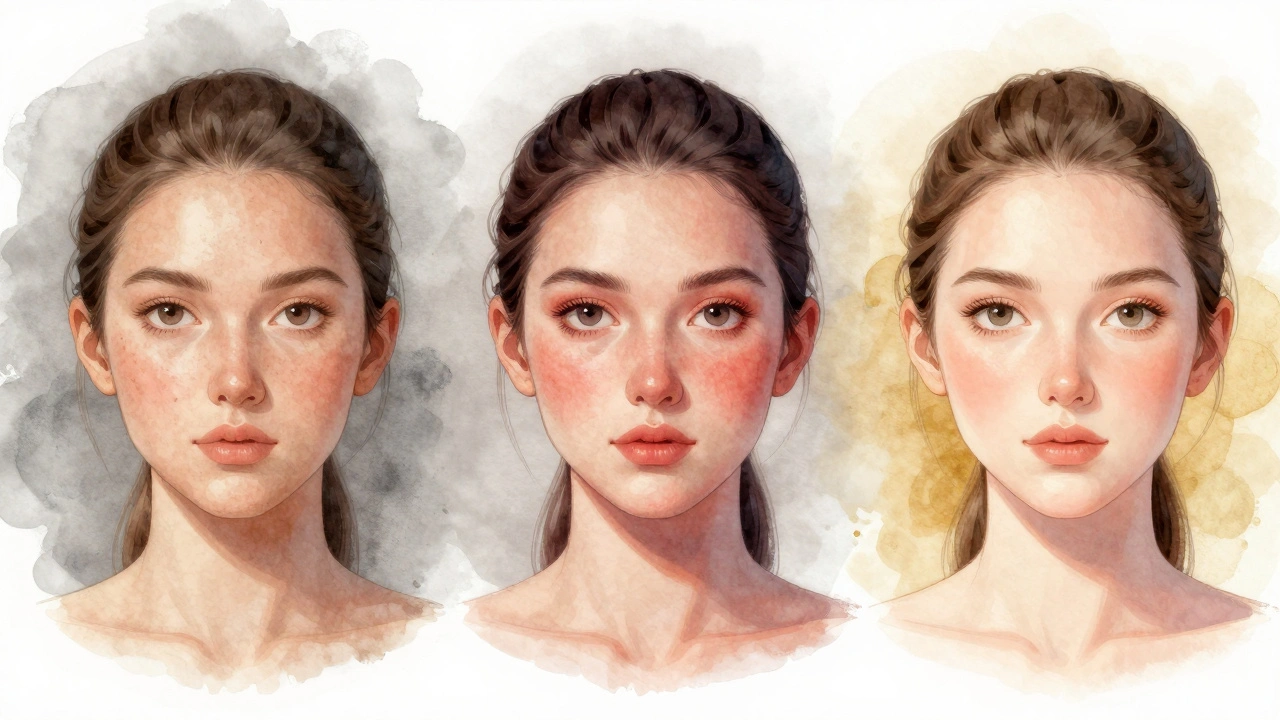 Woman&#039;s face showing three stages of aesthetic treatment: before, during healing, and final result.