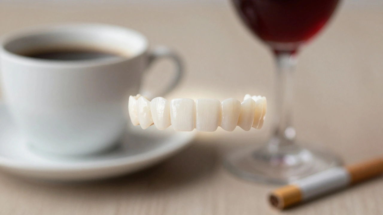 Zdravé bělící se zuby v kontextu potravin a nápojů, které mohou jejich barvu ovlivnit.