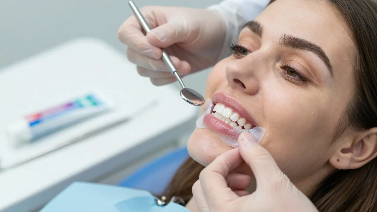 Žena aplikuje bělicí pásku na zuby v klinice