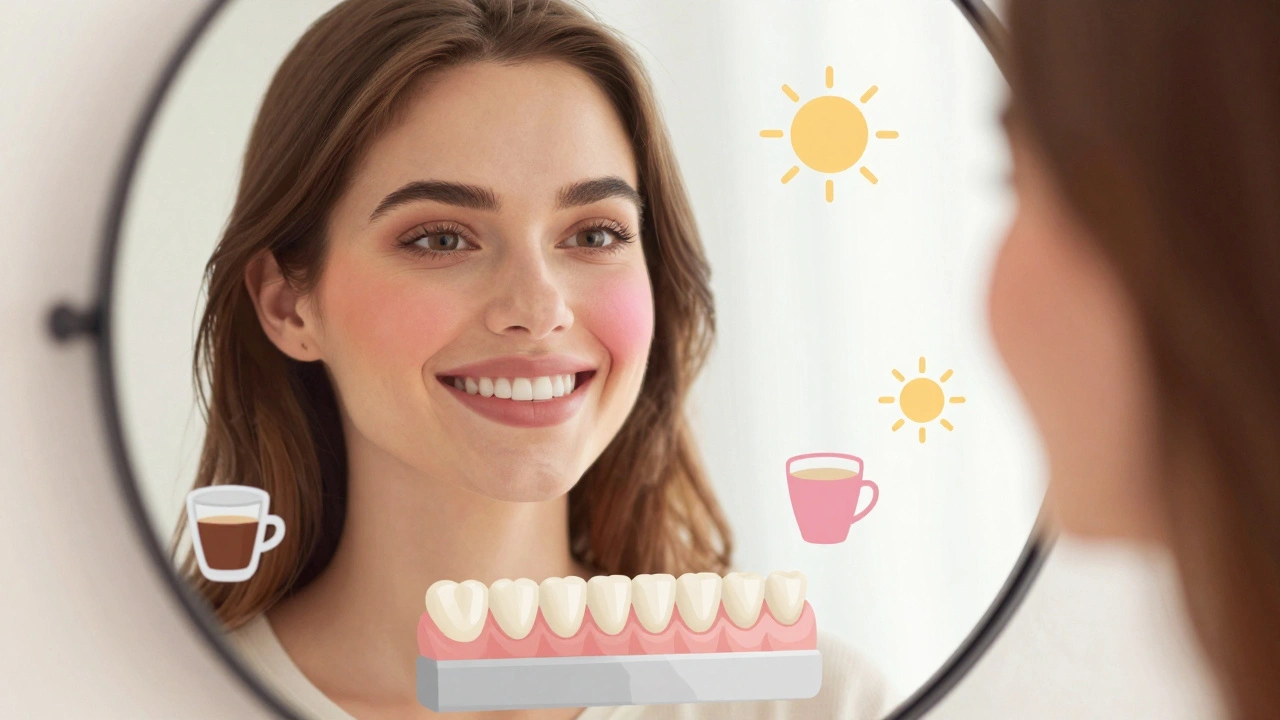 Žena se dívá do zrcadla s přirozeně vypadajícími keramickými fazetami na zubech.
