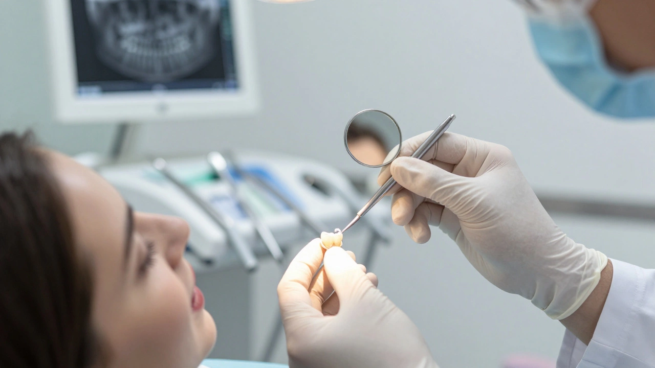 Zubní lékař připevňuje porcelánovou vložku do předního zubu pacienta v moderní ordinaci.