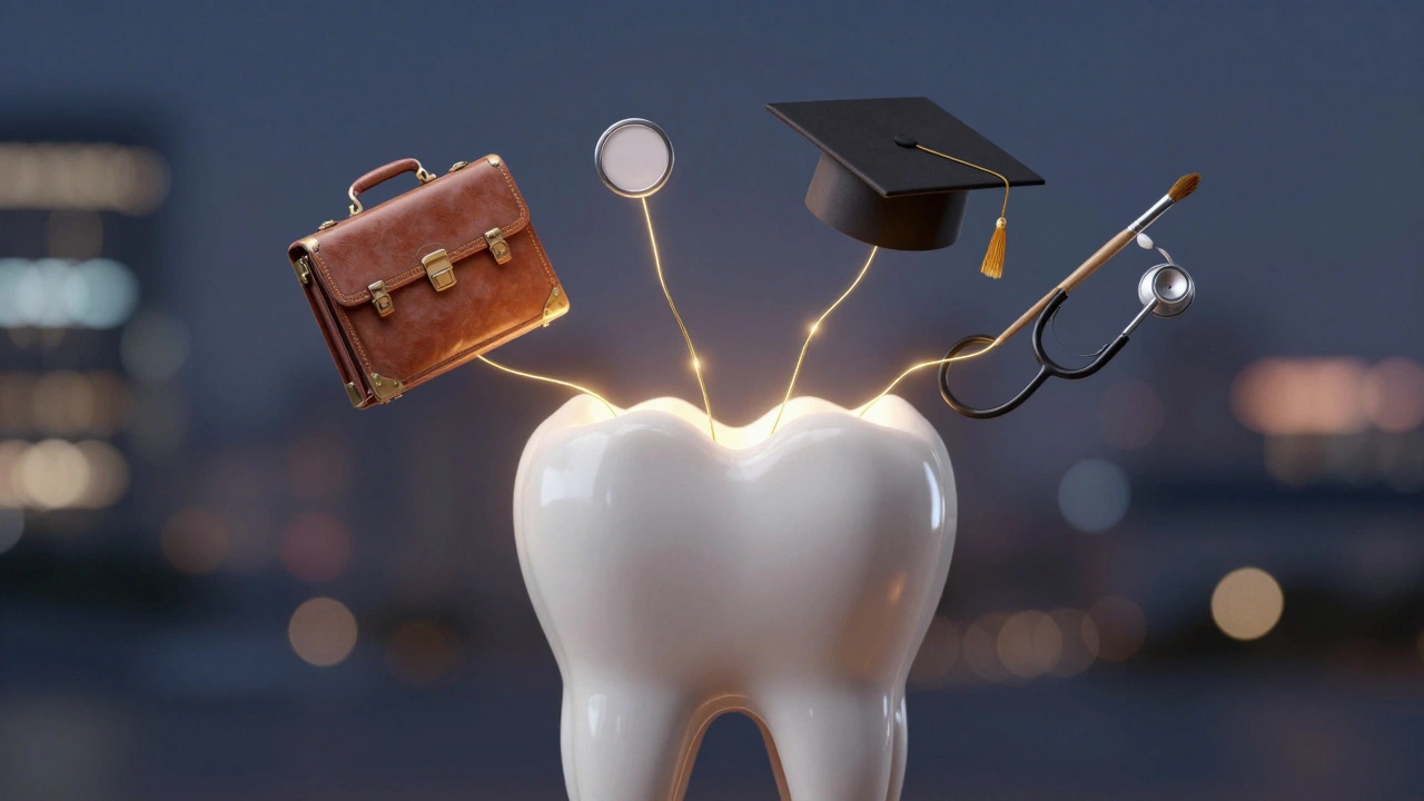 Zuby s mezerou září zevnitř, obklopeny symboly různých profesí, spojenými zlatými nitěmi.