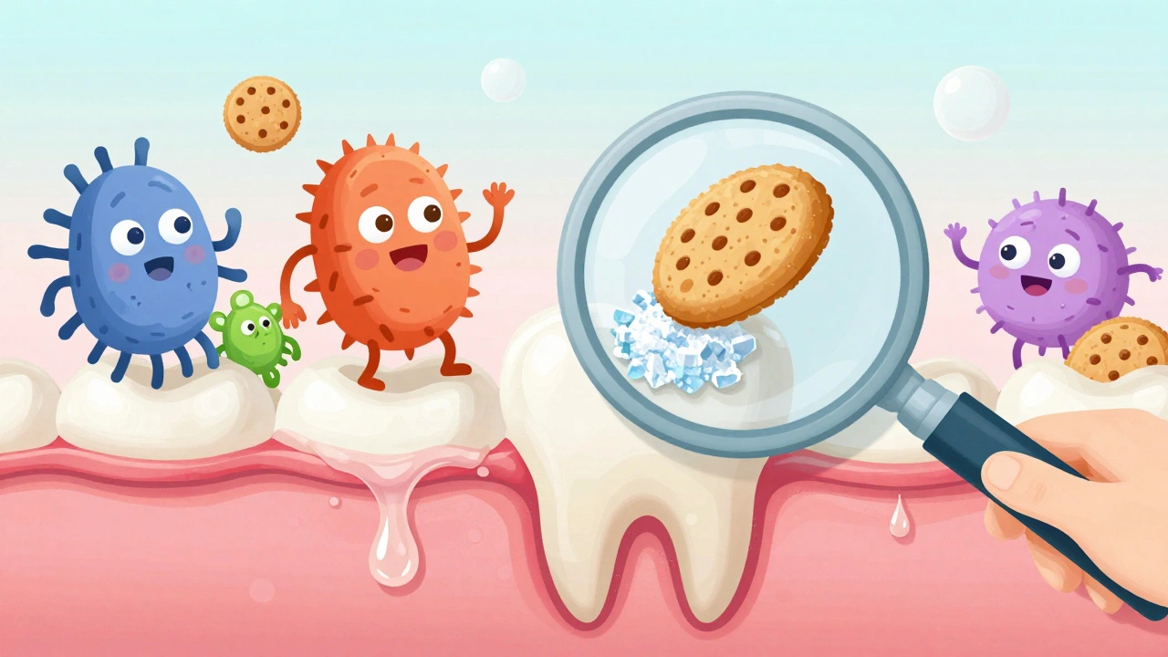 Zvětšený pohled na zubní plak a bakterie ničící sklovinu mléčného zubu.