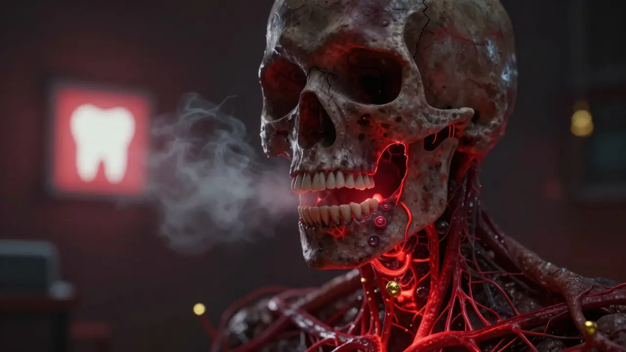 Abstraktní znázornění infekce zubu šířící se do sinů a hltanu.