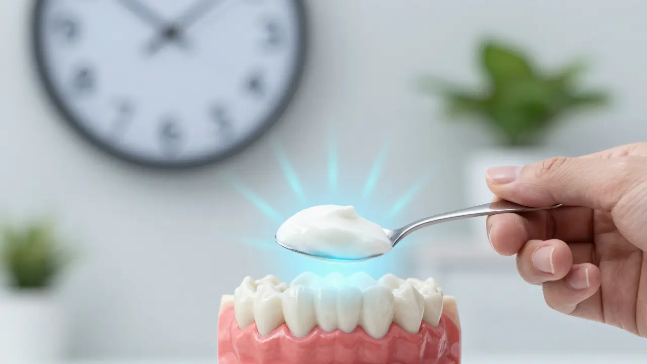 Chladný jogurt u zubů s vyzařujícími paprsky hojení po kyretáži.