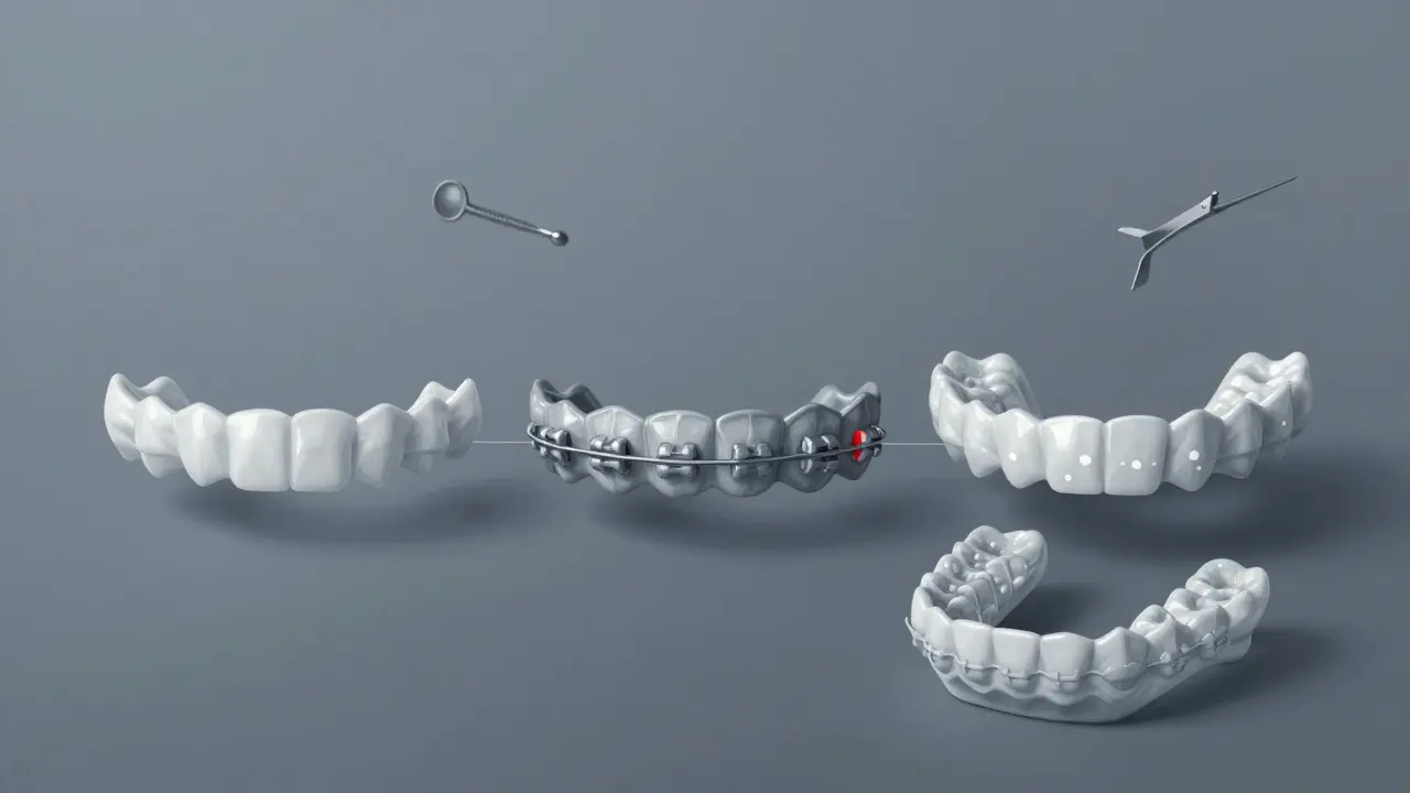 Chronologická vizualizace keramických rovnátek od čistých po poškozené se zbytky retentoru.