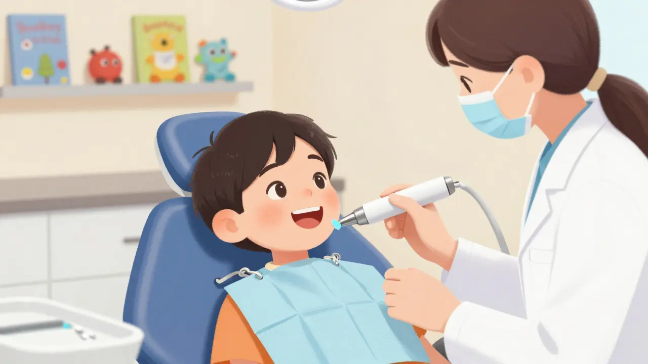 Dítě u zubního lékaře, kde odstraňují zubní kámen bez bolesti, v klidné, přívětivé klinice.