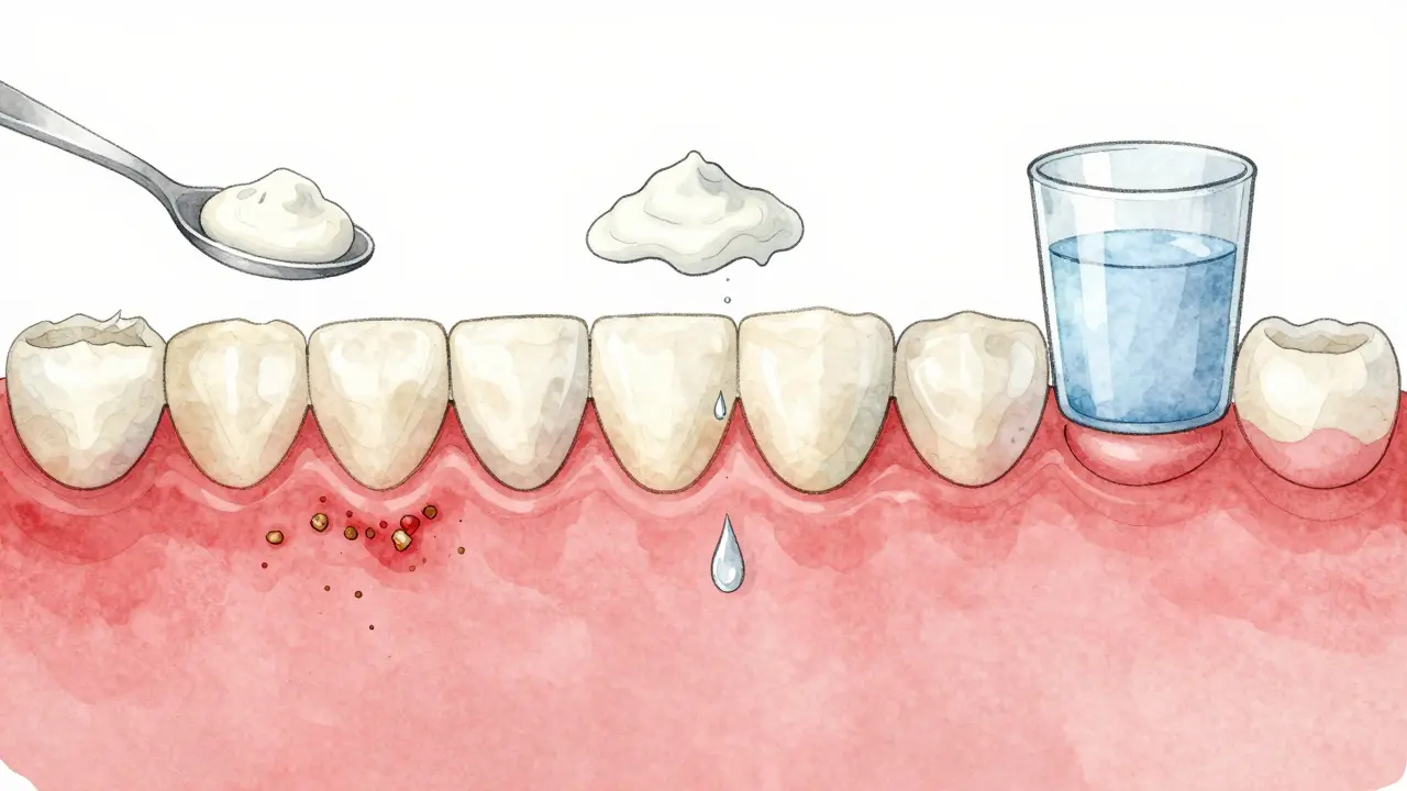 Ilustrace hojení dásní po čištění: zánět → čištění → uzdravení.