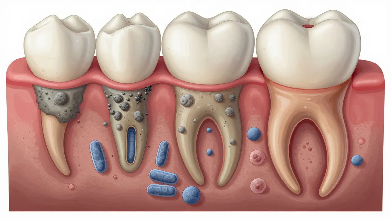 Ilustrace postupného vzniku zubního kamene a ničení kosti pod dásní.