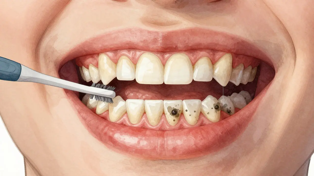 Ilustrace úst s čistěnými a znečištěnými mezizubními prostory.