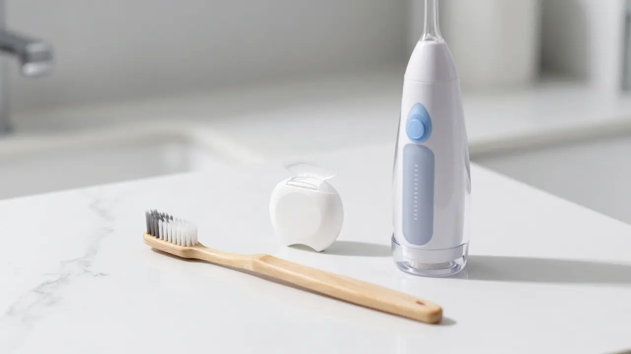 Jednosvazkový kartáček, mezizubní nit a vodní proud jako nástroje pro hygienu.