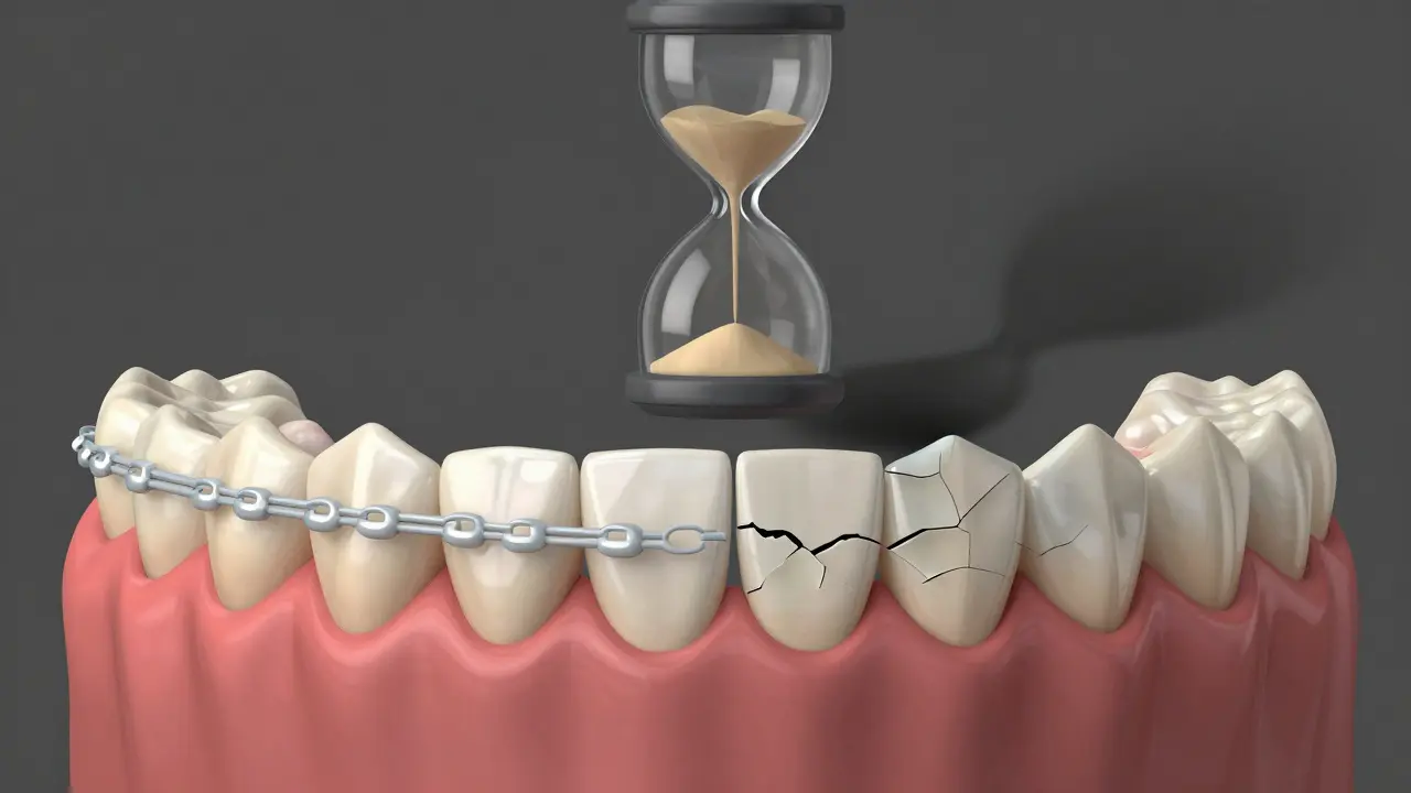 Konceptuální obrázek zubů, které se vrací zpět kvůli nevyměněným gumičkám.