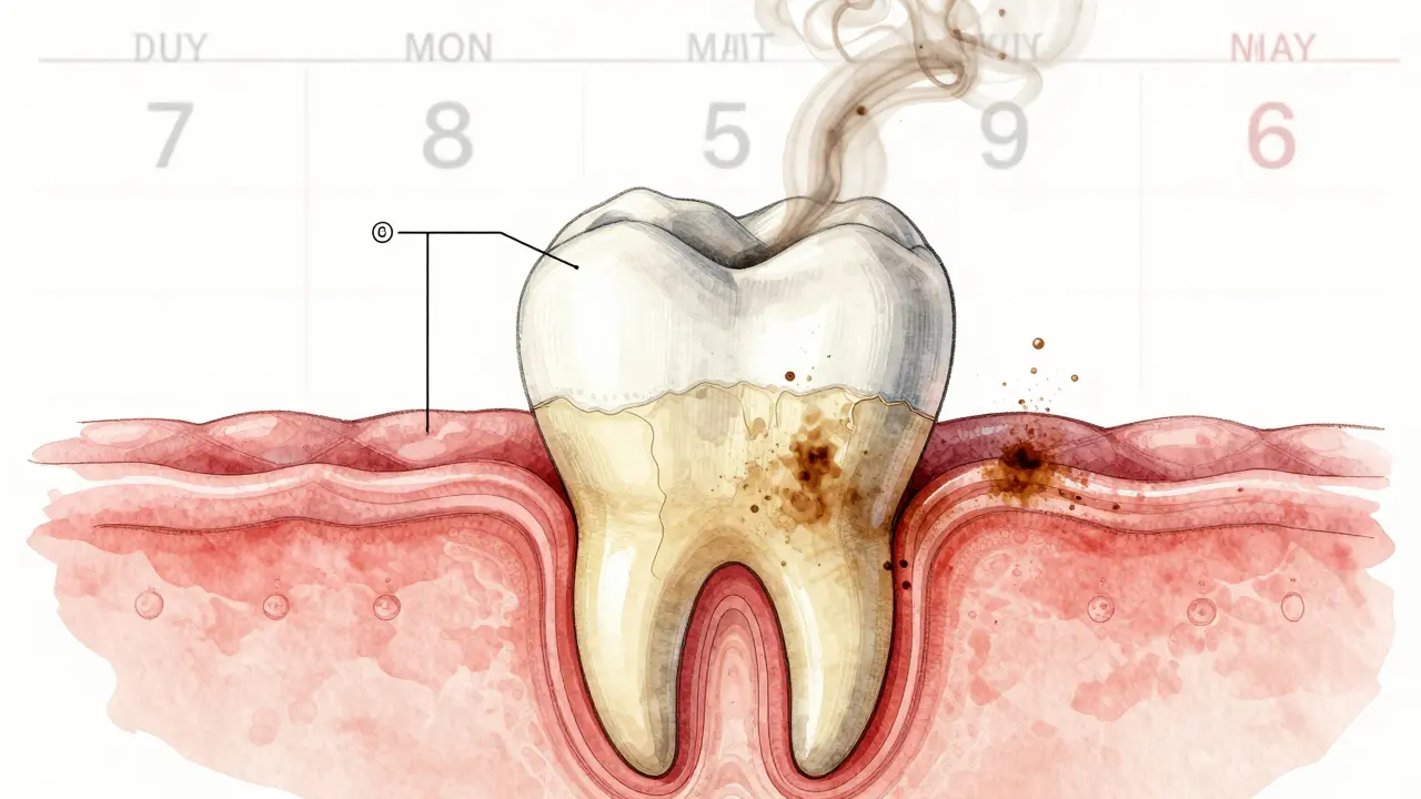 Křížový řez zubu ukazující tenkou sklovinku nad žlutým dentinem s náznaky skvrn od kávy a tabáku.