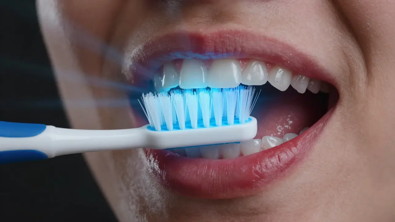 Mikroskopický pohled na odstranění plaku jemnými štětinami při správném čištění.