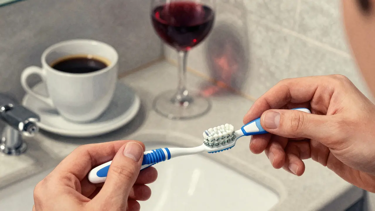 Osoba čistí zuby interdentalním kartáčkem při osvětlení z lámpy.