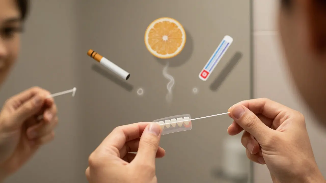 Osoba používá zubní nit před zrcadlem, za ní se rozptýlí škodlivé návyky jako cigaretka a citron.