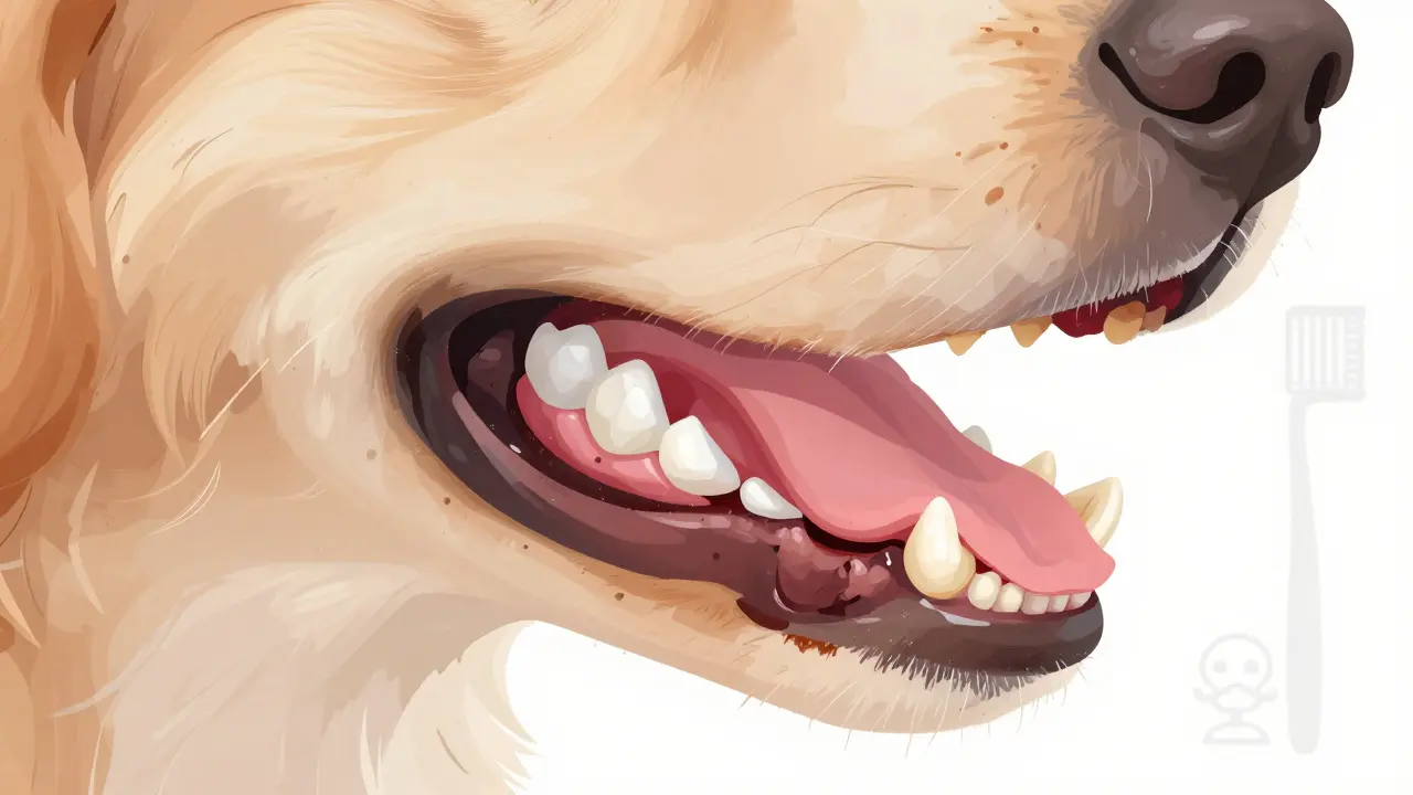 Porovnání zdravých a postižených zubů psa s náznakem zubního kamene.