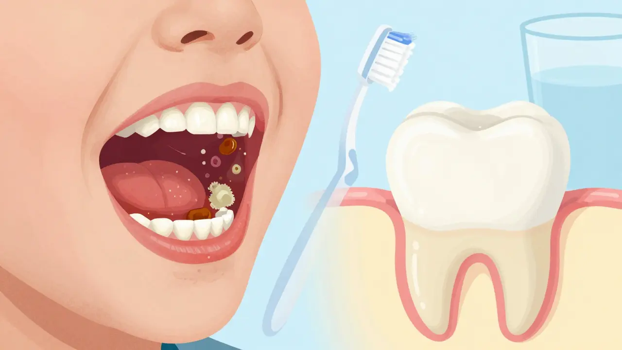 Přehled zubního plaku, který se mineralizuje na zubech dítěte, s vysvětlením vzniku kamenů.