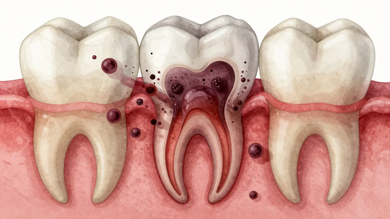 Příčný řez zubem s mrtvou pulpou a šířící se infekcí