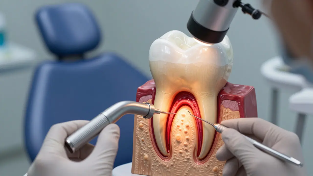 Příčný řez zubu s infikovanou pultou a endodontickými nástroji při čištění kořenových kanálků.