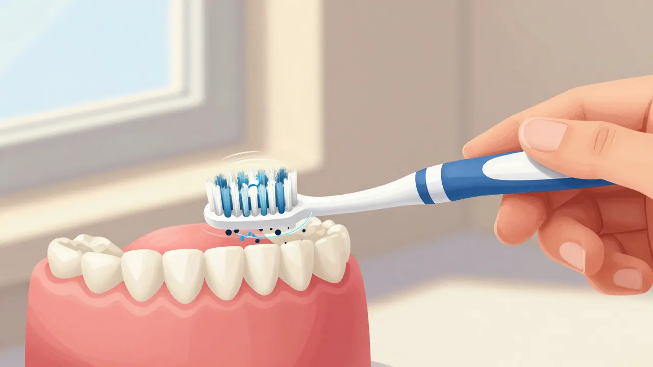 Ruka drží kartáček jako tužku a jemně čistí zuby kruhovými pohyby.