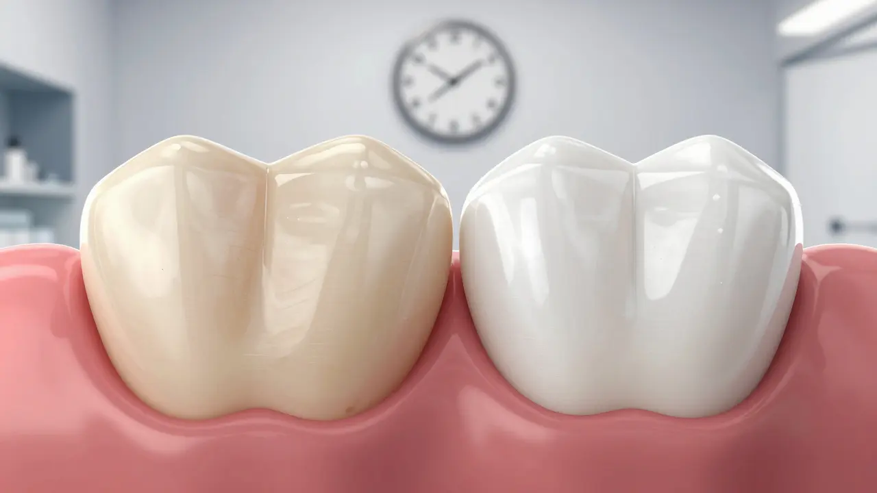 Side-by-side comparison of stained composite veneer and pristine ceramic veneer on teeth.