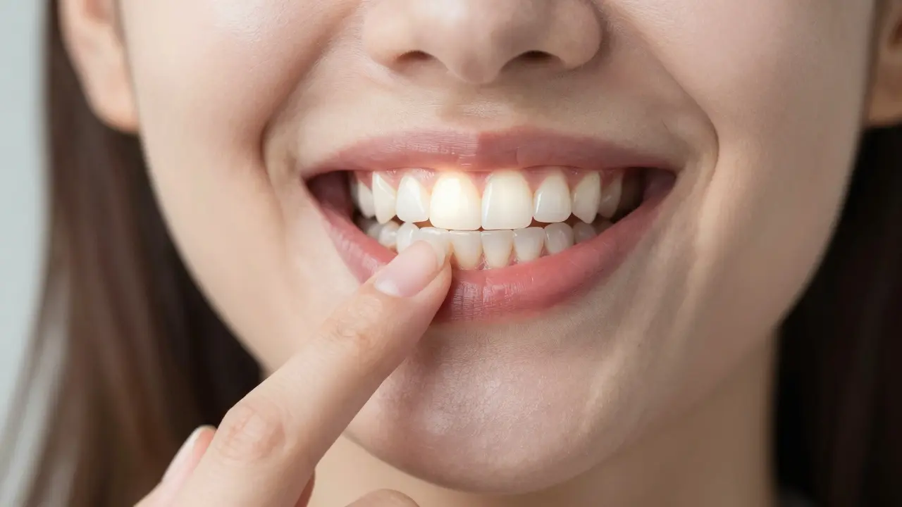 Smiling woman with transparent overlay showing difference between ceramic and composite veneers inside teeth.