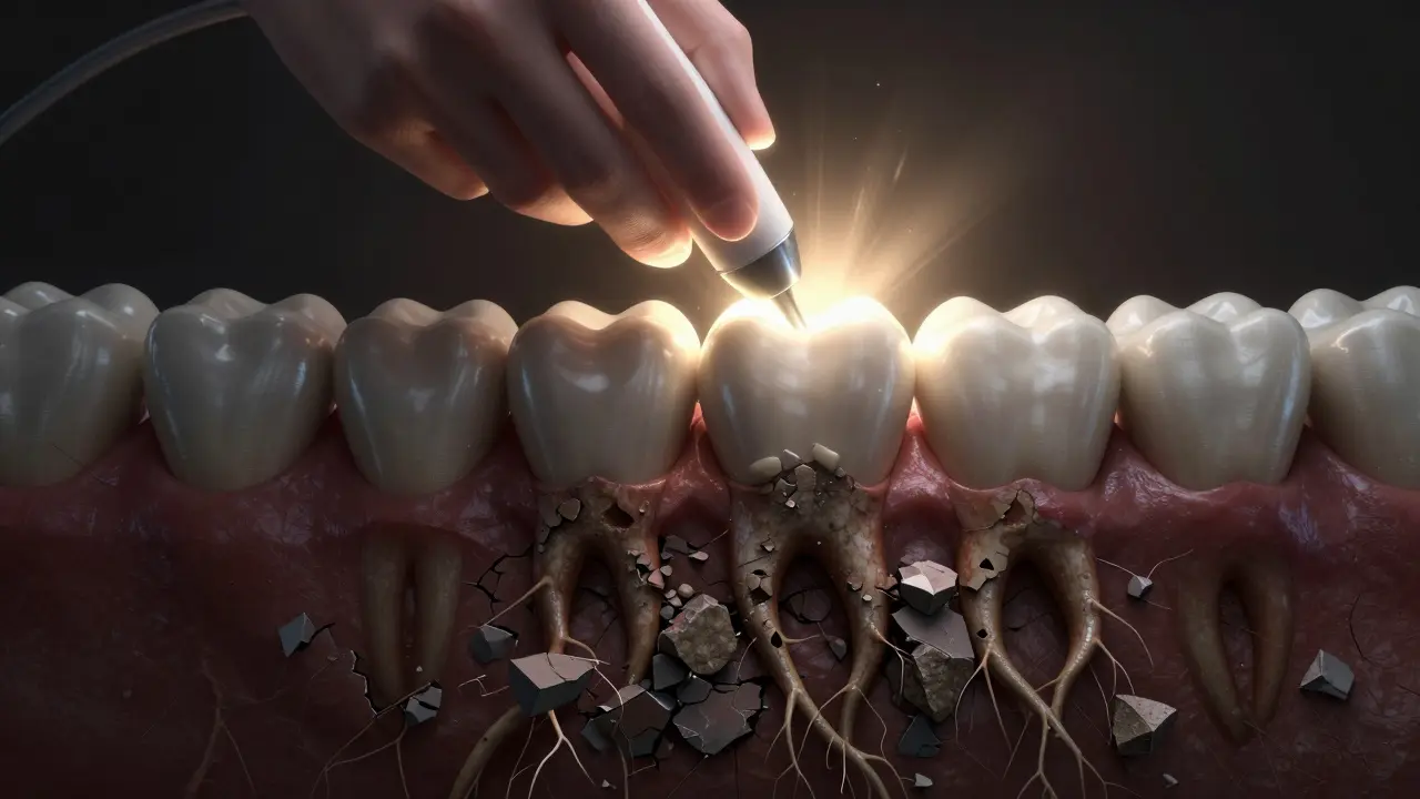 Symbolický obraz odstranění zubního kamene a obnovy zdravých dásní.