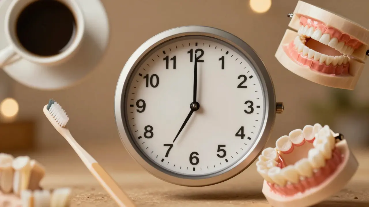 Symbolický obraz s hodinami a prvky údržby, které znázorňují životnost kompozitních fazet.