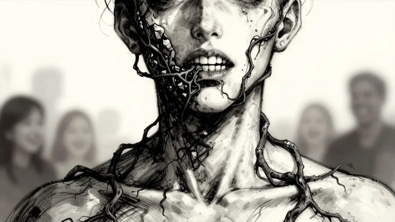 Temný kámen jako parazitický nános se šíří z úst po obličeji, symbolizující sebevědomí.