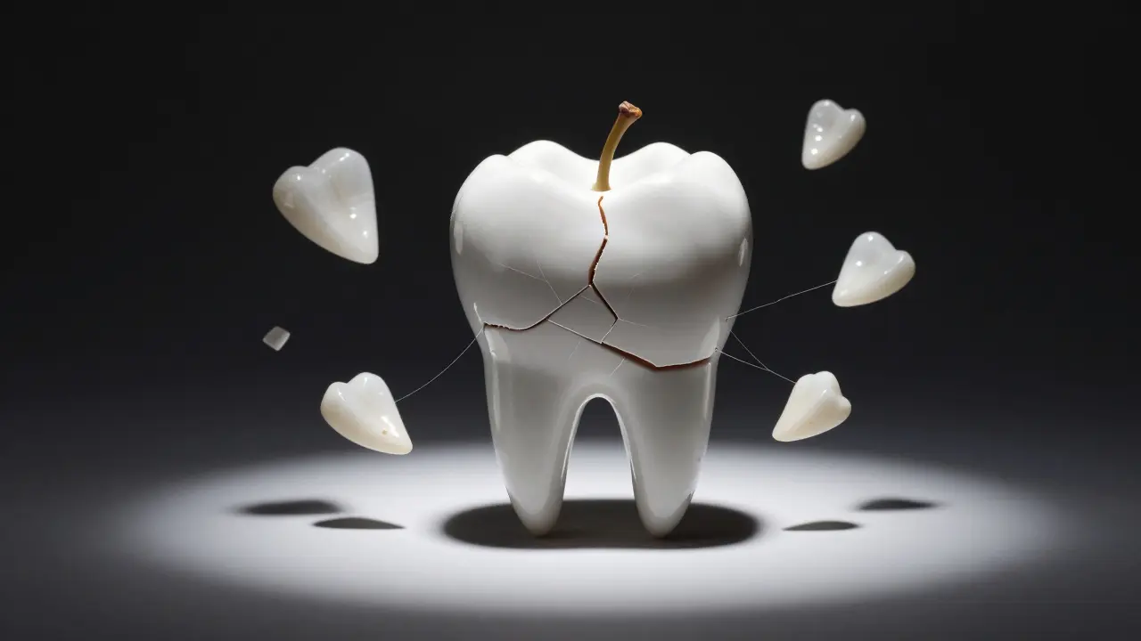 Trhliny na keramické fazetě vzniklé způsobením kousnutí do jablka, symbolizující riziko poškození.