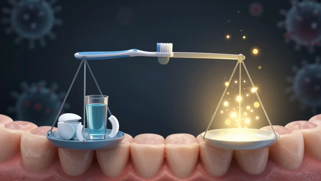 Váha symbolizující rovnováhu mezi klasickou zubní péčí a homeopatickou podporou.