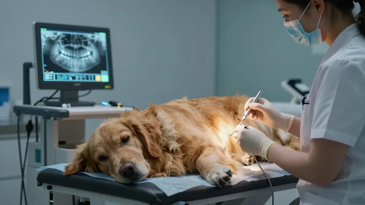 Veterinář čistí psu zuby pod anestézií v klinice.