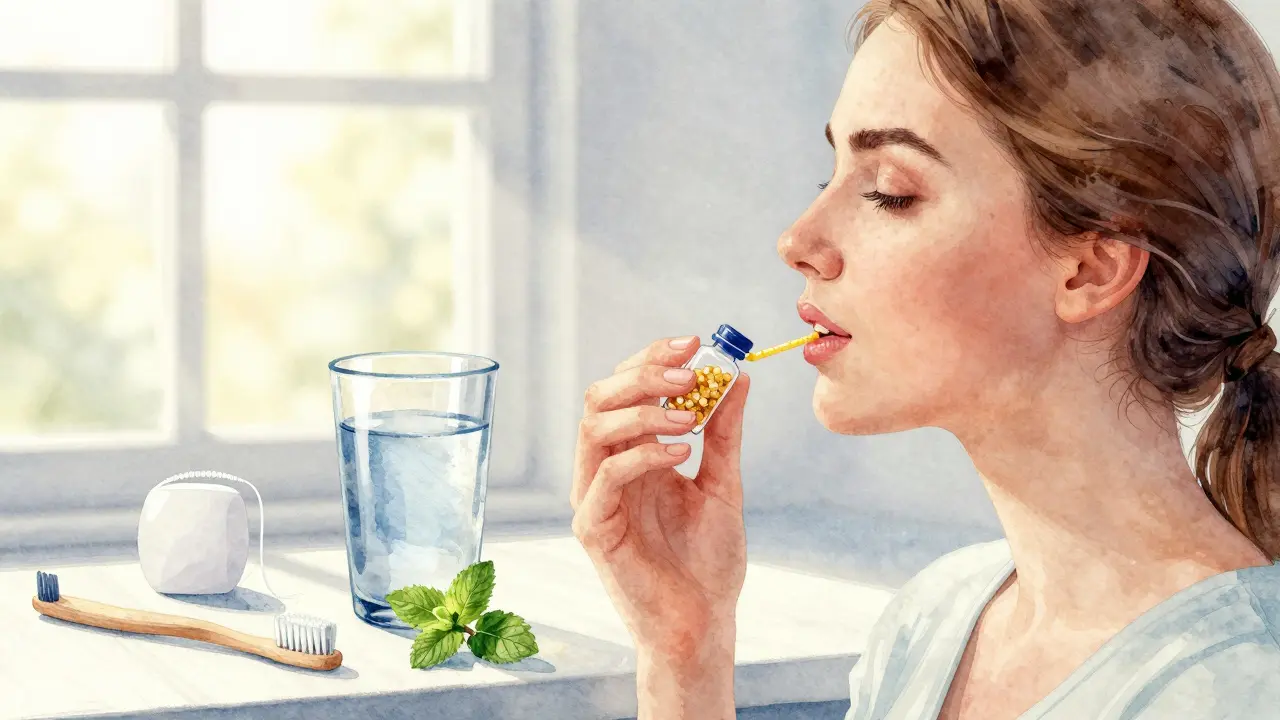 Žena užívá homeopatické granule pod jazykem, kolem ní symboly zubní péče a vody.