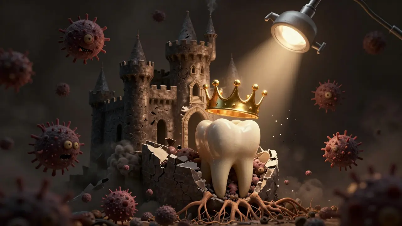 Zub jako hradiště pod útokem bakterií, záchranné světlo a korunka jako štít.