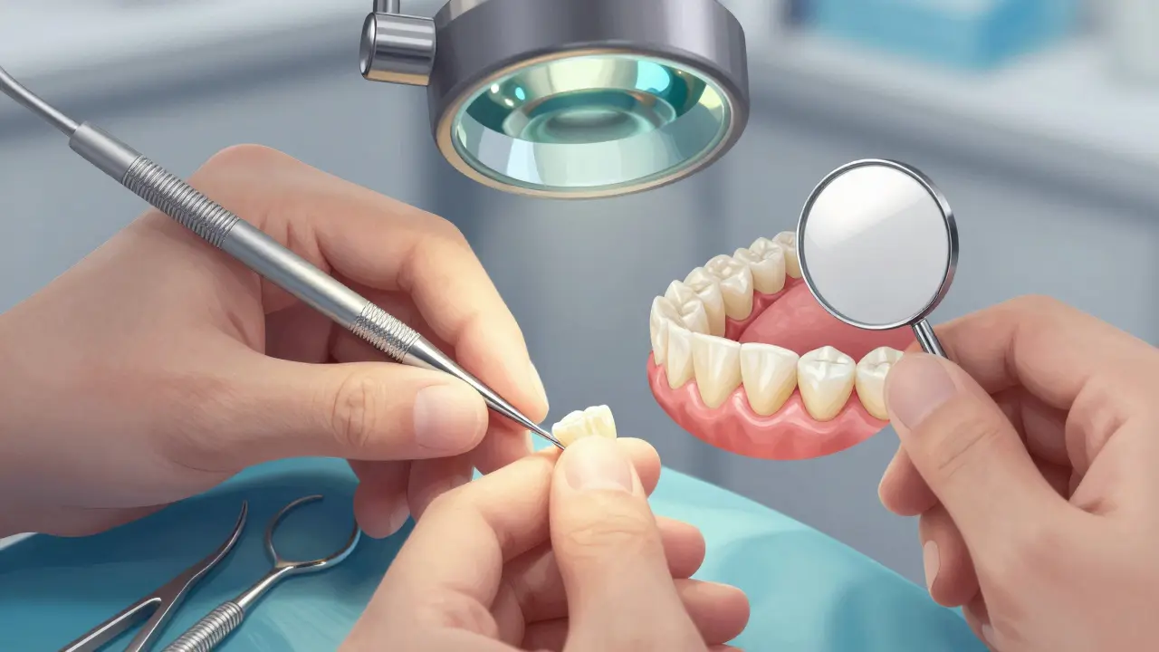 Zubní lékař připevňuje keramickou fazetu na přední zub v klinice, pacientka drží zrcadlo.