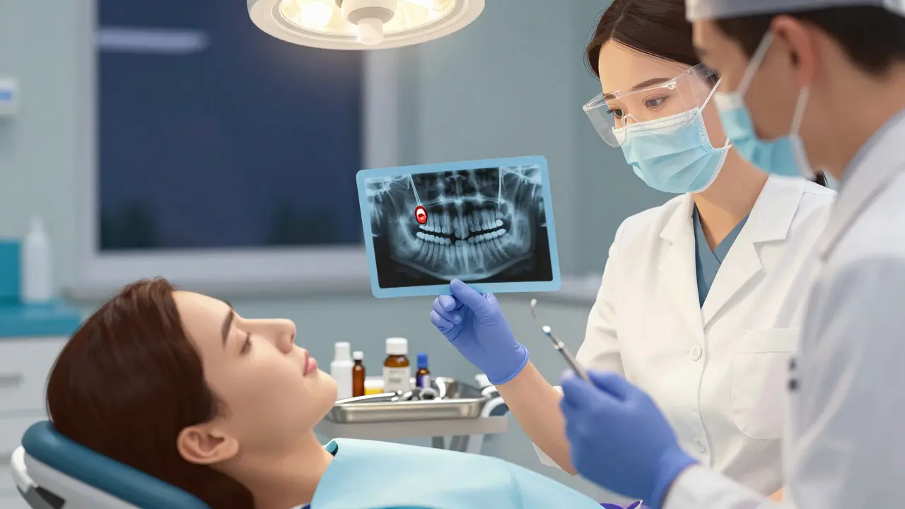Zubní lékař ukazuje rentgenový snímek abscesu u zubu v pohotovosti.
