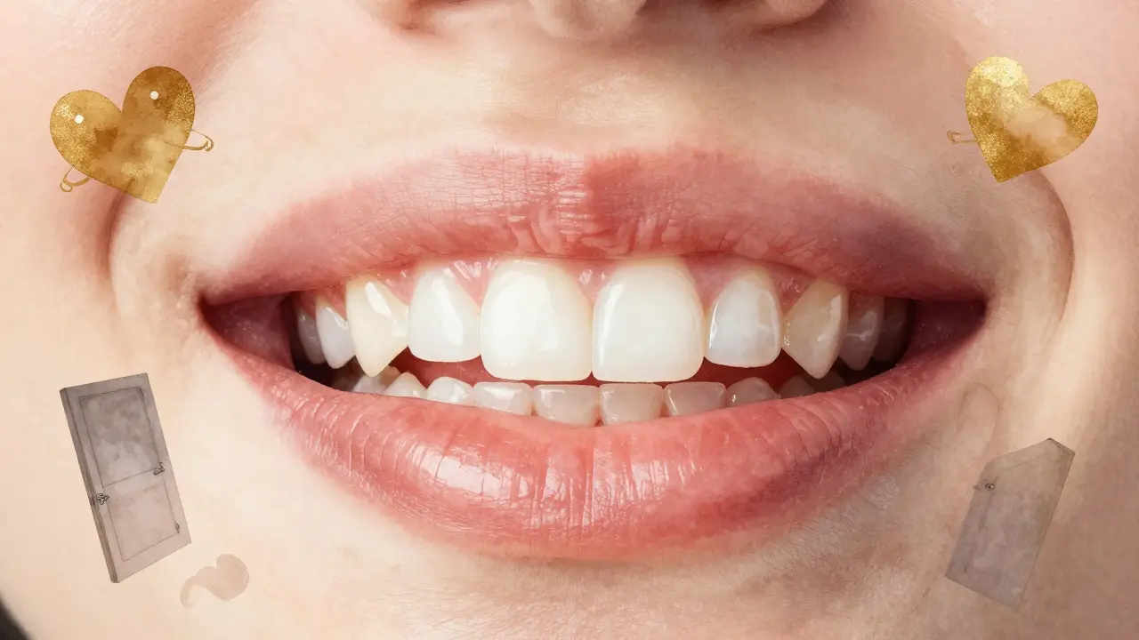 Abstraktní obrázek úsměvu s leskem keramických fazet, symbolizující ztrátu strachu a návrat sebevědomí.