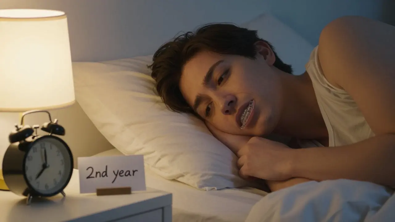 Adult wearing clear retainer in bed at night