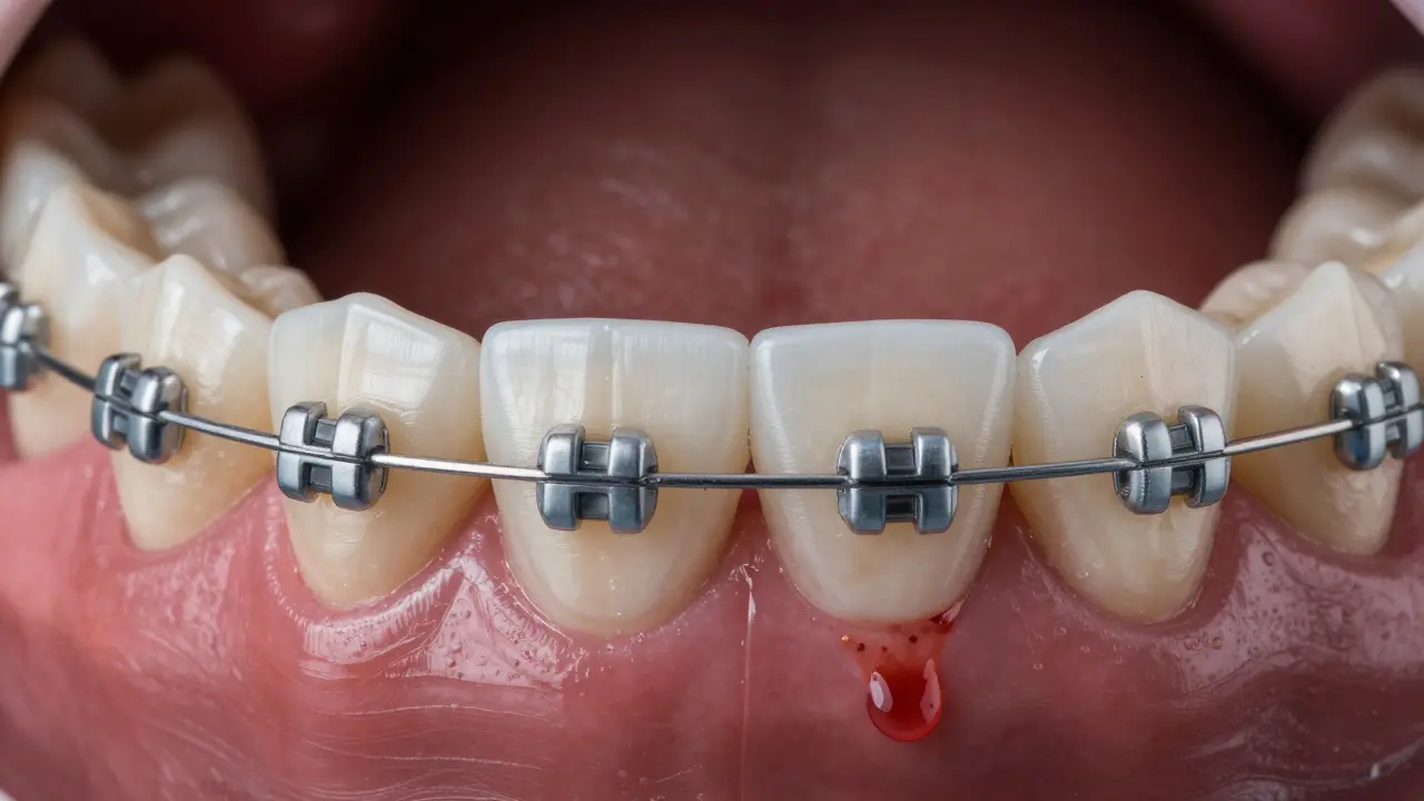 Close-up of loose ceramic bracket on tooth with gum irritation