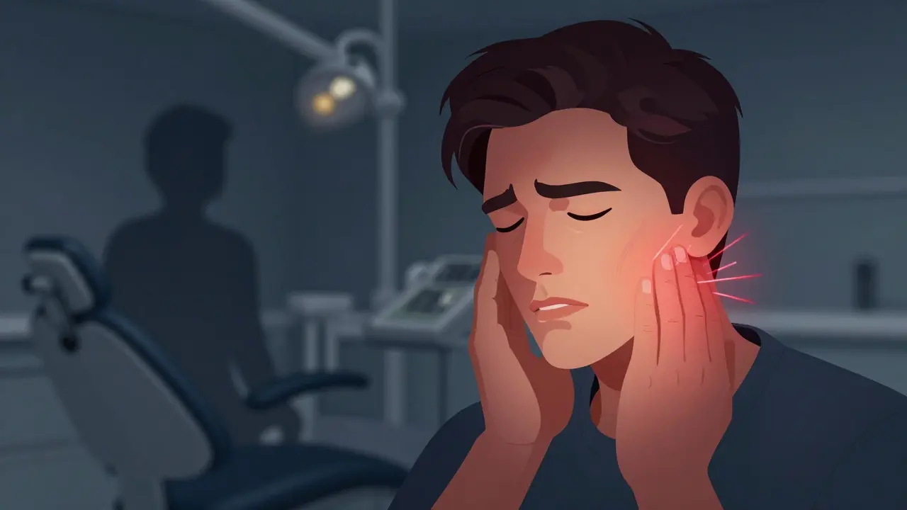 Člověk drží tvář, s otokem čelisti a bolestí se šířící k uchu.