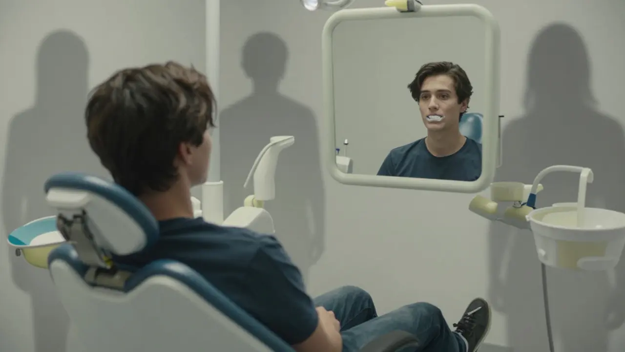 Člověk v zubním křesle se dívá do zrcadla, zatímco postavy blízkých lidí postupně mizí v pozadí.