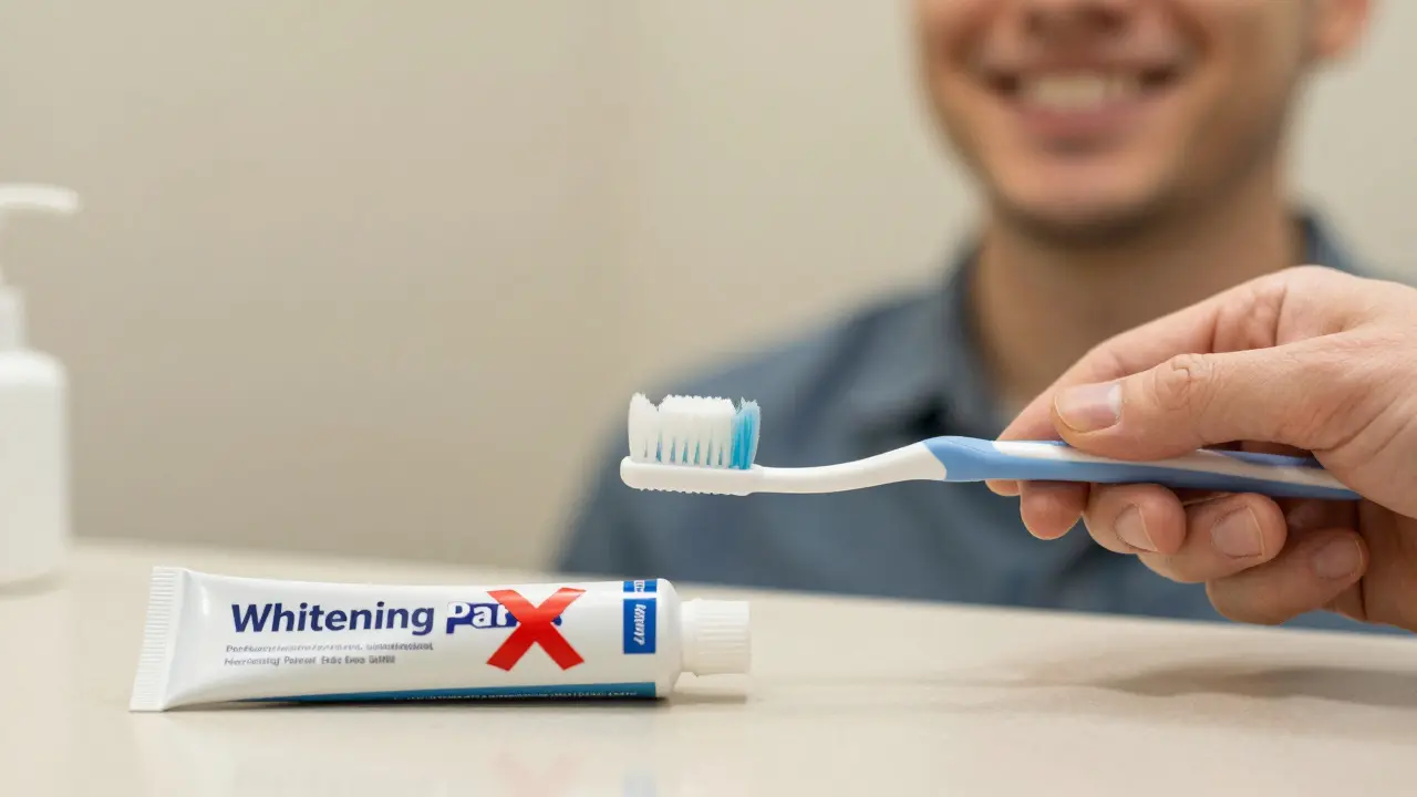 Dentista drží běžnou fluoridovou pastu, bělící pastu zakrývá červené křížek na stole.