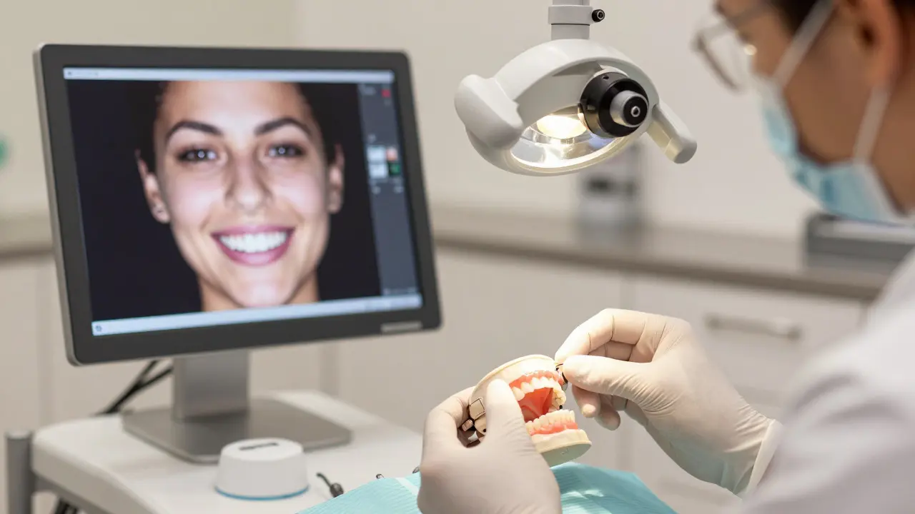 Dentista přilepuje tenké keramické fazety na zuby za pomocí digitálního skenování v klinice.