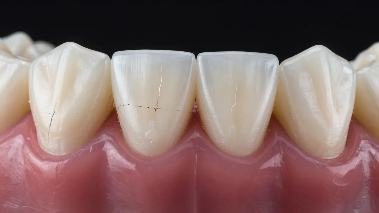 Detail zubů s viditelným opotřebením a poškozením skloviny.